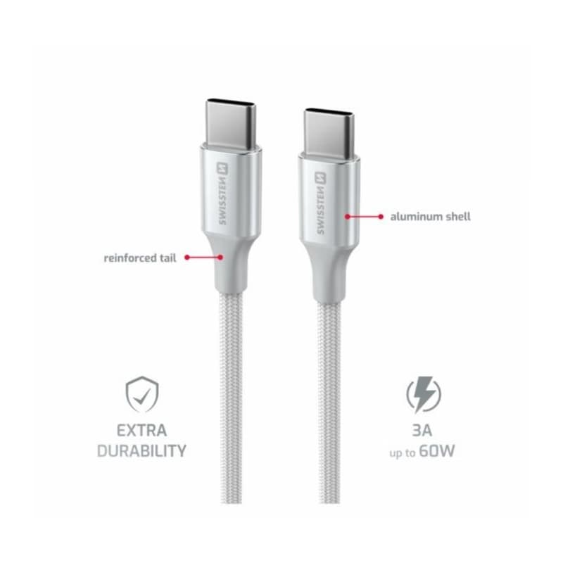 SWISSTEN DÁTOVÝ KÁBEL TEXTILE II USB-C / USB-C 1,5 M BIELÝ 2