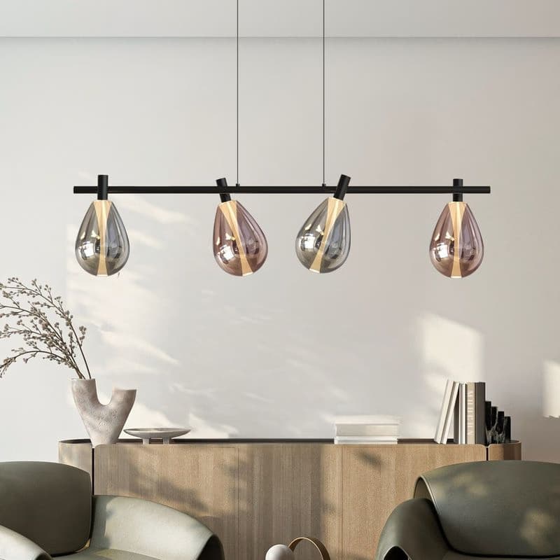 Lampa wisząca Denso szklana czarna nad stół potrójna z kloszami dymionymi i miedzianymi 1
