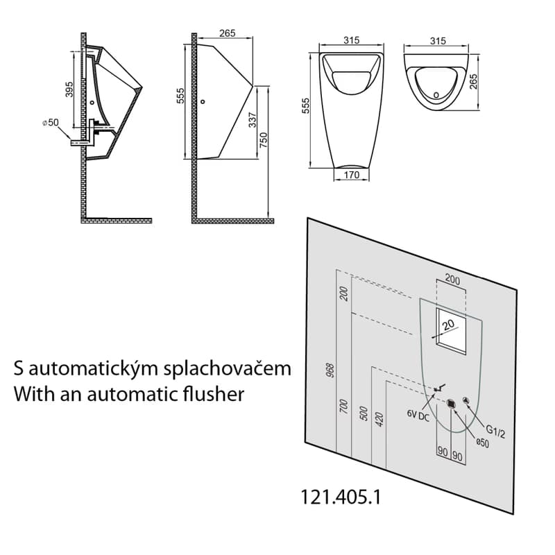 SAPHO - SCHWARN keramický urinál, zadný prívod, zadný odpad, biela 201.701.4 6