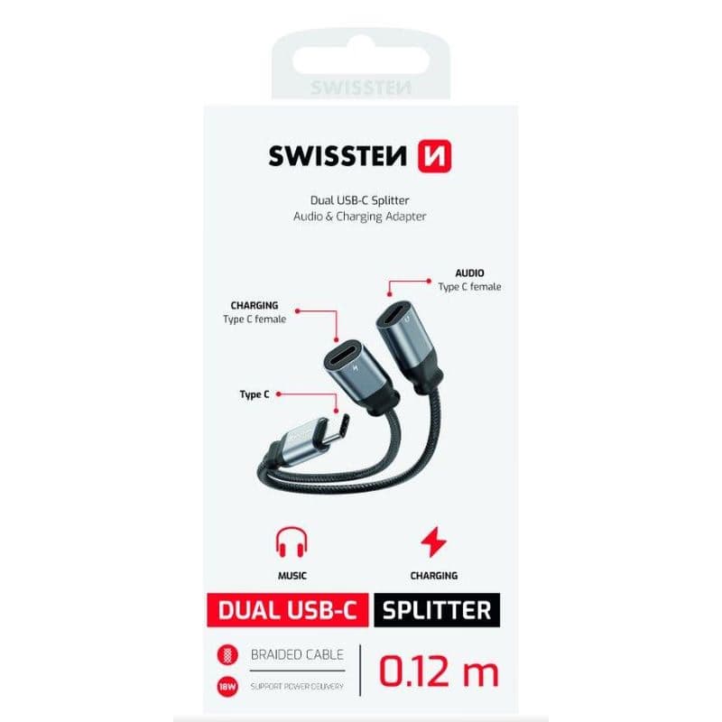 SWISSTEN NABÍJACÍ AUDIO ADAPTÉR TEXTILE USB-C (samec) / 2x USB-C (samica) 0,12 M ČIERNY