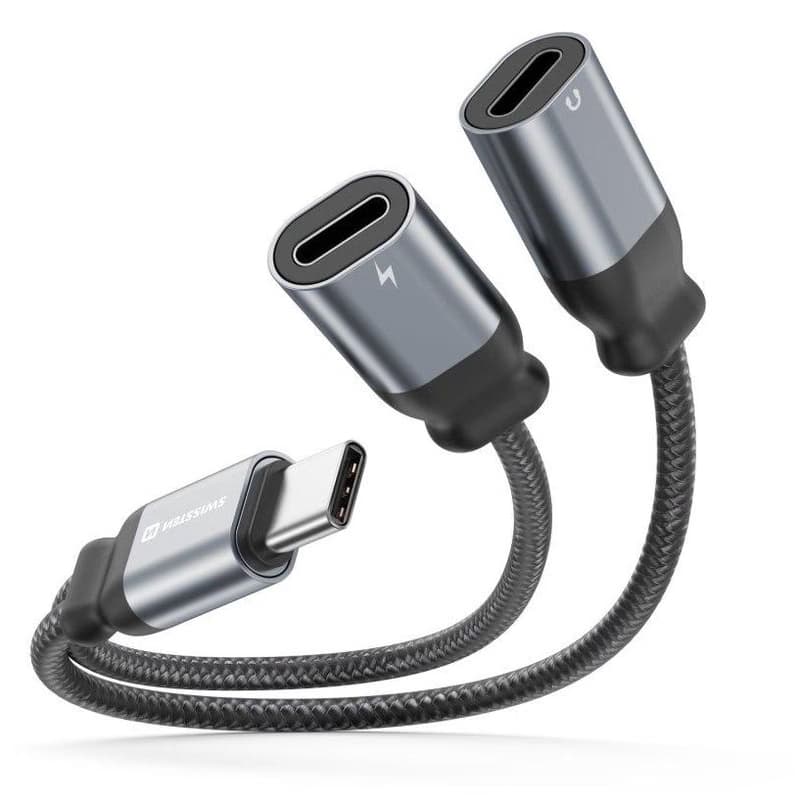 SWISSTEN NABÍJACÍ AUDIO ADAPTÉR TEXTILE USB-C (samec) / 2x USB-C (samica) 0,12 M ČIERNY 2
