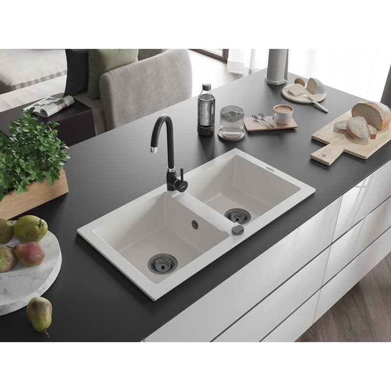 MEXEN/S MEXEN/S - Mario granitový drez 2-bowl 820 x 436 mm, biela, + sifón grafit 6504822000-20-B 2