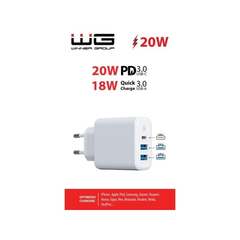WG - Sieťová nabíjačka 3x USB, 1x USB-A QC 3.0 + 1x USB-A QC 3.0 + 1x USB-C PD 3.0, biela 2
