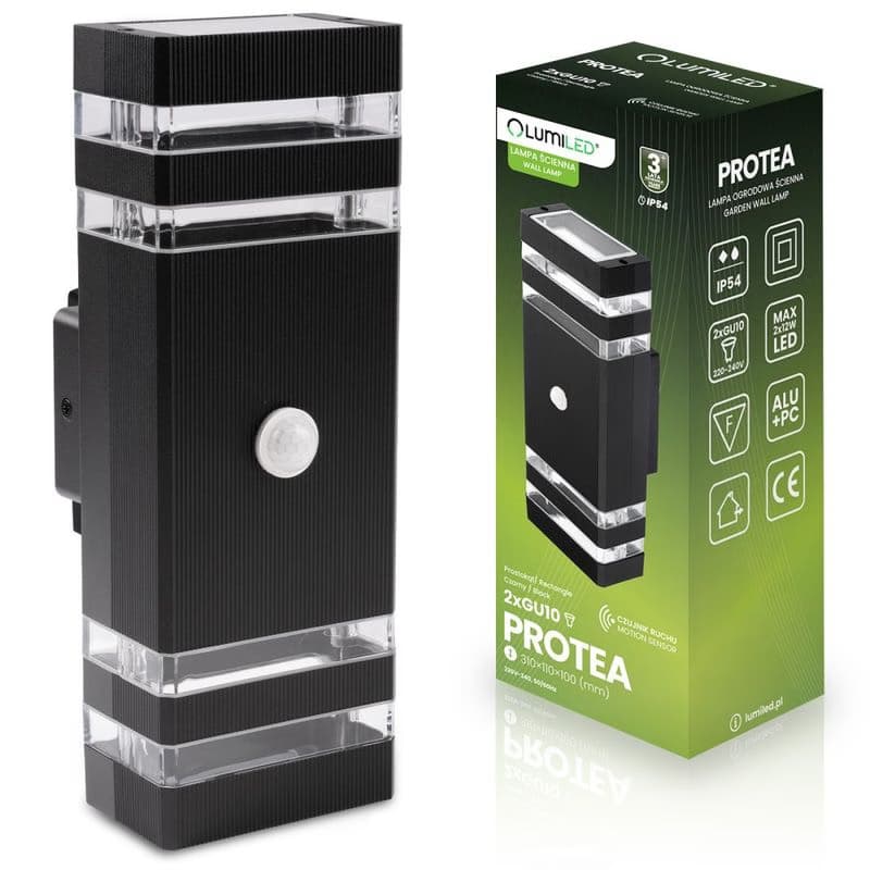 Vonkajšia nástenná lampa elewácia hore-dole 2xGU10 čierna senzor pohybu a súmraku IP54 PROTEA LUMILED 1