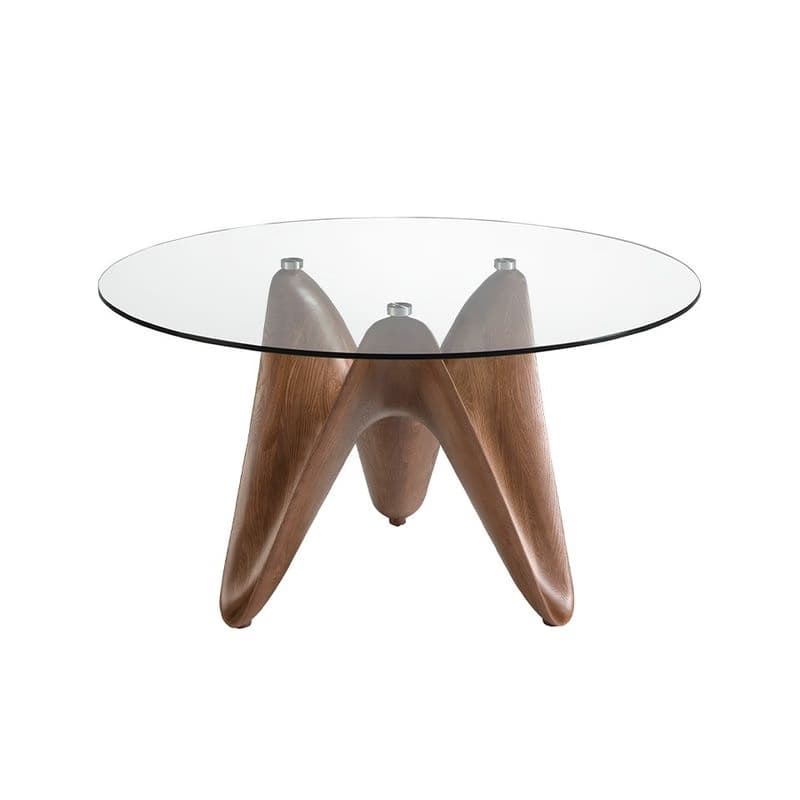 Estila Luxusný moderný sklenený okrúhly jedálenský stôl Vita Naturale s dizajnovou hnedou drevenou podstavou 130 - 140 - 150 cm 1