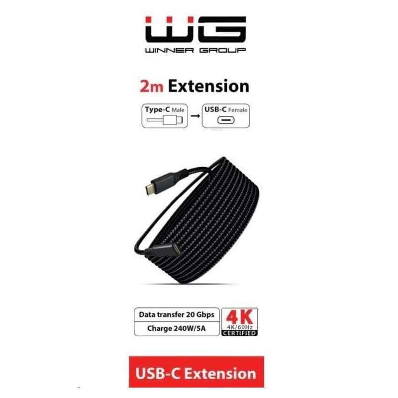 WG - Predlžovací kábel USB-C (male) na USB-C (female), 2 metre, nylonový oplet, čierna 2