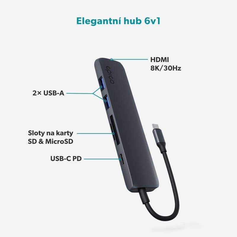 Epico 6v1 hliníkový USB-C 8K húb - atramentová 3
