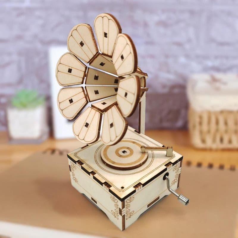 3D drevené puzzle fonograf s hudobnou skrinkou