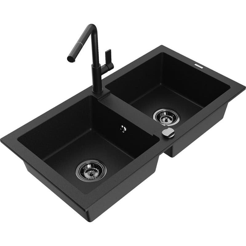 MEXEN/S MEXEN/S - Mario granitový drez 2-bowl vrátane batérie Flora, čierna 6504-77-670401-70-B