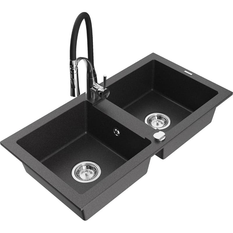 MEXEN/S MEXEN/S - Mario granitový drez 2-bowl vrátane batérie Aster, čierna kropenatá 6504-76-73450-07 1