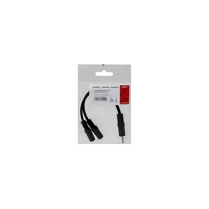 Audio redukcia, Jack (3.5mm) samec 4-pólový - 2x Jack (3.5mm) samica, 0.2 m, stereo, čierna, Logo, DOPREDAJ 2