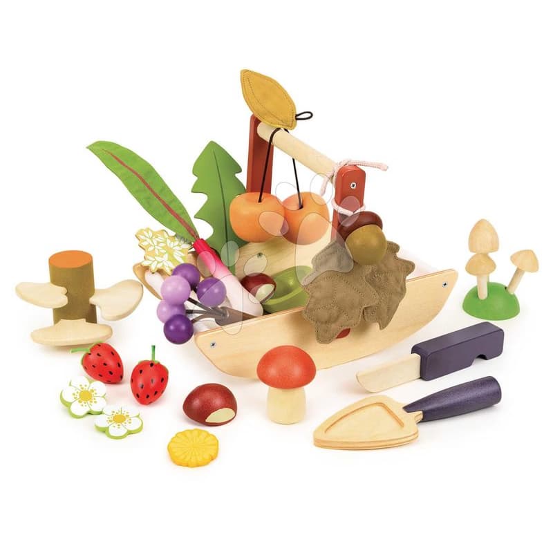 Drevený košík na zbieranie lesných plodov Wild Wood Forgaing Trug Tender Leaf Toys s hríbikmi jabĺčkami jahodami