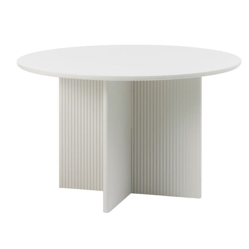 Estila Art deco okrúhly jedálenský stôl Hvidea s rebrovanou podstavou v tvare kríža vo svetlom sivo béžovom odtieni greige 110 cm 1