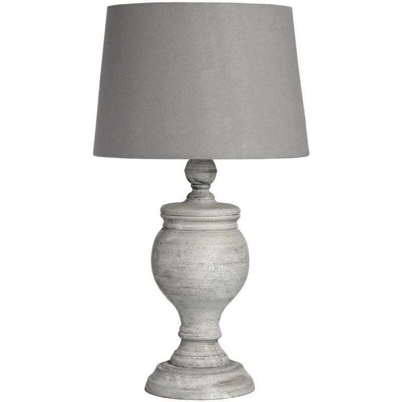 Estila Vintage provensálska stolná lampa Uthina so sivou vyrezávanou podstavou s patinou a okrúhlym textilným tienidlom 53 cm 1
