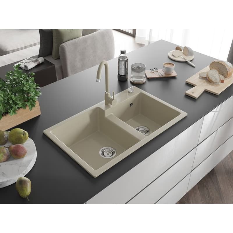 MEXEN MEXEN - Tomas granitový drez 2-bowl 800x500 mm, béžový, sifón chróm 6516802000-69 2