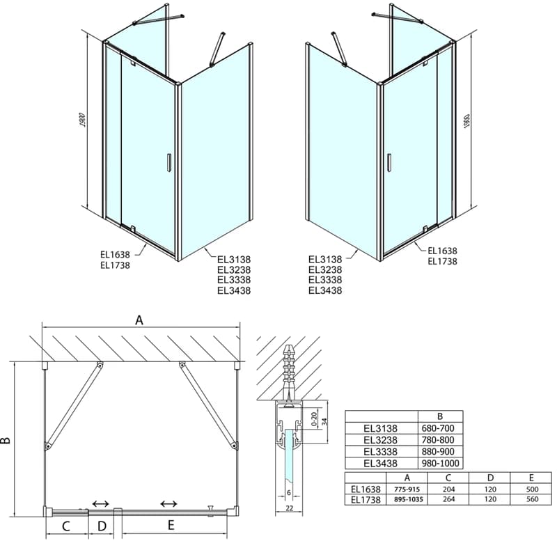 POLYSAN - EASY sprchový kout tri steny 800-900x800, pivot dvere L/P varianta, sklo Brick EL1638EL3238EL3238 4