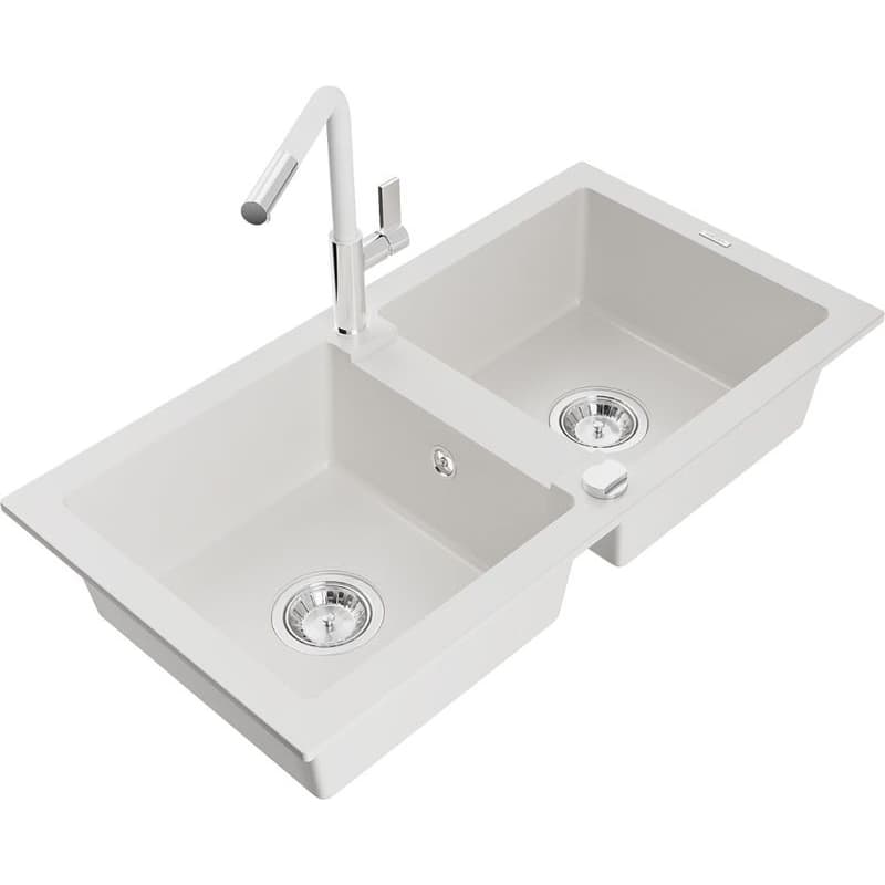 MEXEN/S MEXEN/S - Mario granitový drez 2-bowl vrátane batérie Flora, biela 6504-20-670401-02