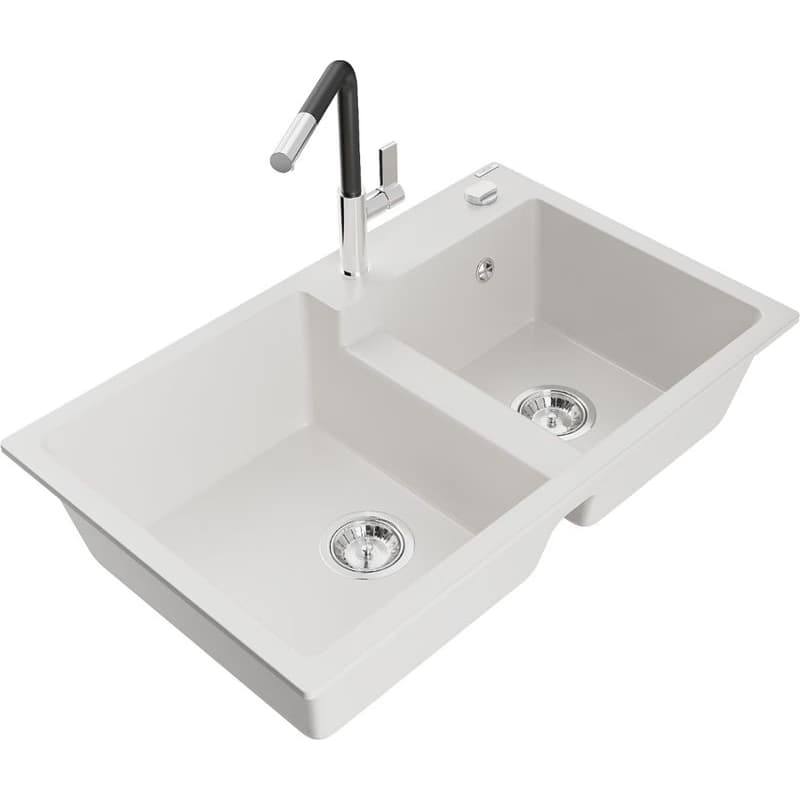 MEXEN/S MEXEN/S - Tomas granitový drez 2-bowl vrátane batérie Flora, biela 6516-20-670401-07