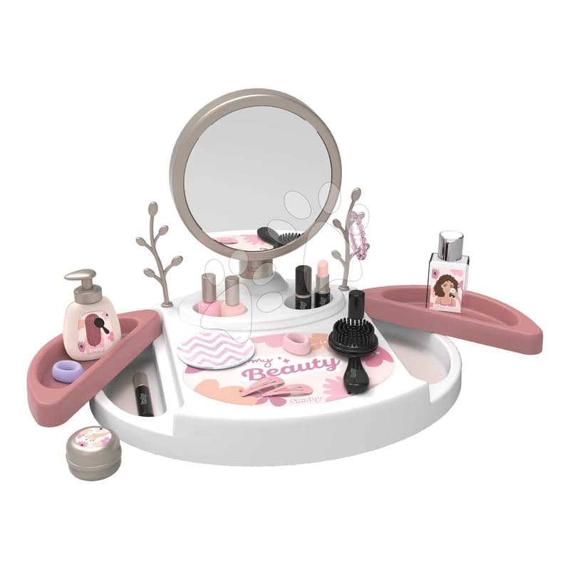 Kozmetický stolík s polohovateľným zrkadlom My Beauty Studio Smoby s otočnými poličkami a stromčeky na zavesenie šperkov s 15 doplnkami 1