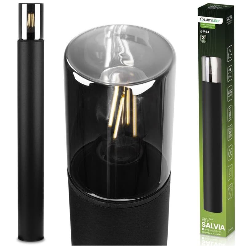 Záhradná stojaca vonkajšia lampa stĺpik na žiarovku E27 čierna sklo IP54 80 cm SALVIA LUMILED 1