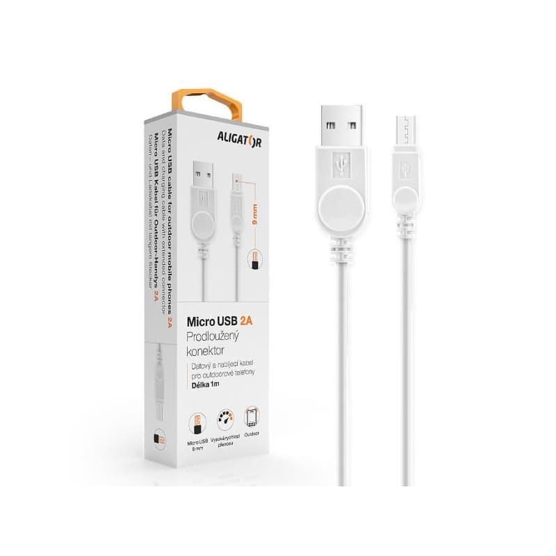 ALIGATOR dátový kábel s predĺženým konektorom microUSB, 2A, biela