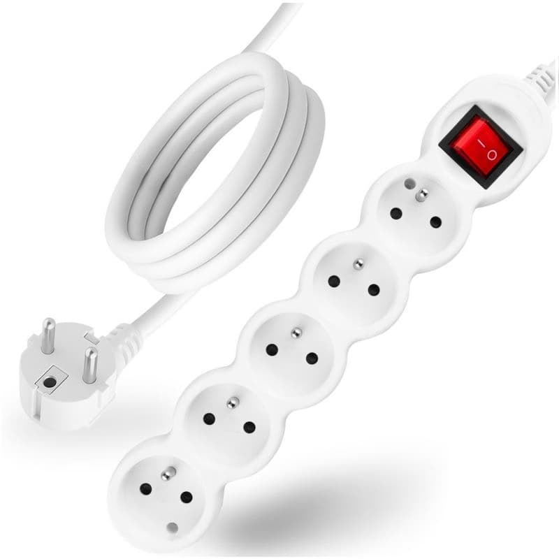 Sieťový predlžovací kábel s uzemnením predlžovacia lišta 5 zásuviek 5m vypínač ON/OFF biely šnúra Lendo Lumiled