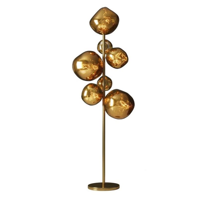 Estila Glamour zlatá stojaca lampa Kalan so siedmimi sklenenými tienidlami v tvare kvapiek na kovovej podstave 170 cm 1