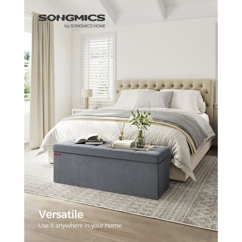 SONGMICS Skladací úložný lavica s úložným priestorom, nosnosť 300 kg, 110 x 38 x 38 cm, sivá 1