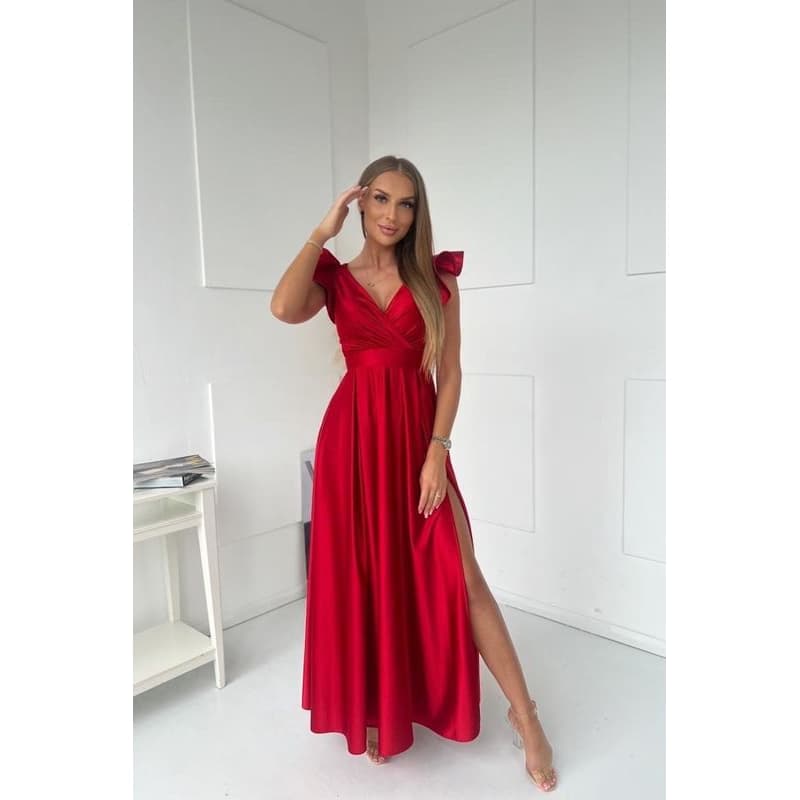 For You Fashion Červené lesklé šaty s volánikovými rukávmi Veľkosť: M