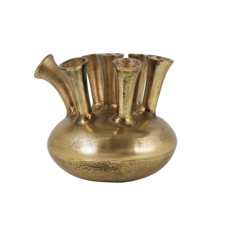 Estila Art deco okrúhla zlatá váza Nova z kovu s patinou a atypickými valcovými siedmimi otvormi 33 cm