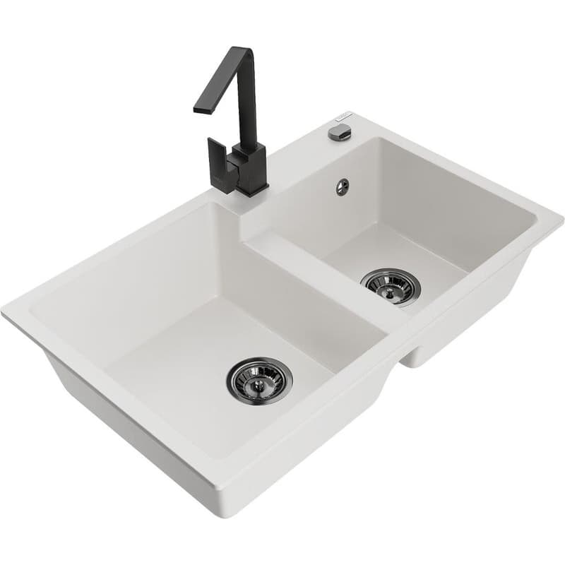 MEXEN/S MEXEN/S - Tomas granitový drez 2-bowl vrátane batérie Rita, biela 6516-20-670300-70