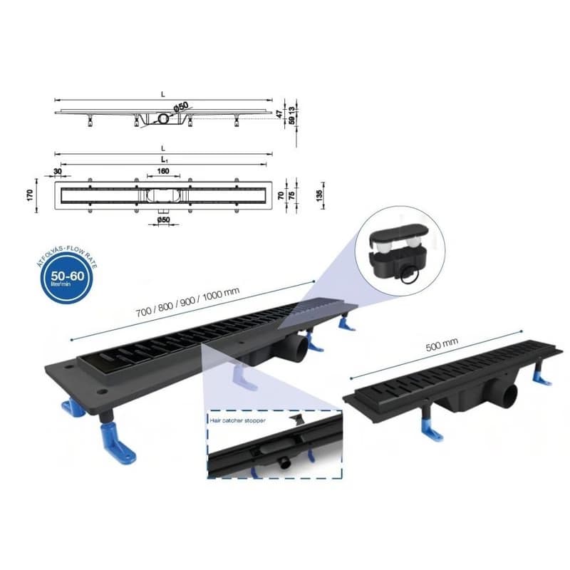 HOPA - Odtokový žľab STANDARDline BLACK - Rozmer A - 50 cm, Variant roštu - Klasszik OLPZLABST49BK 5