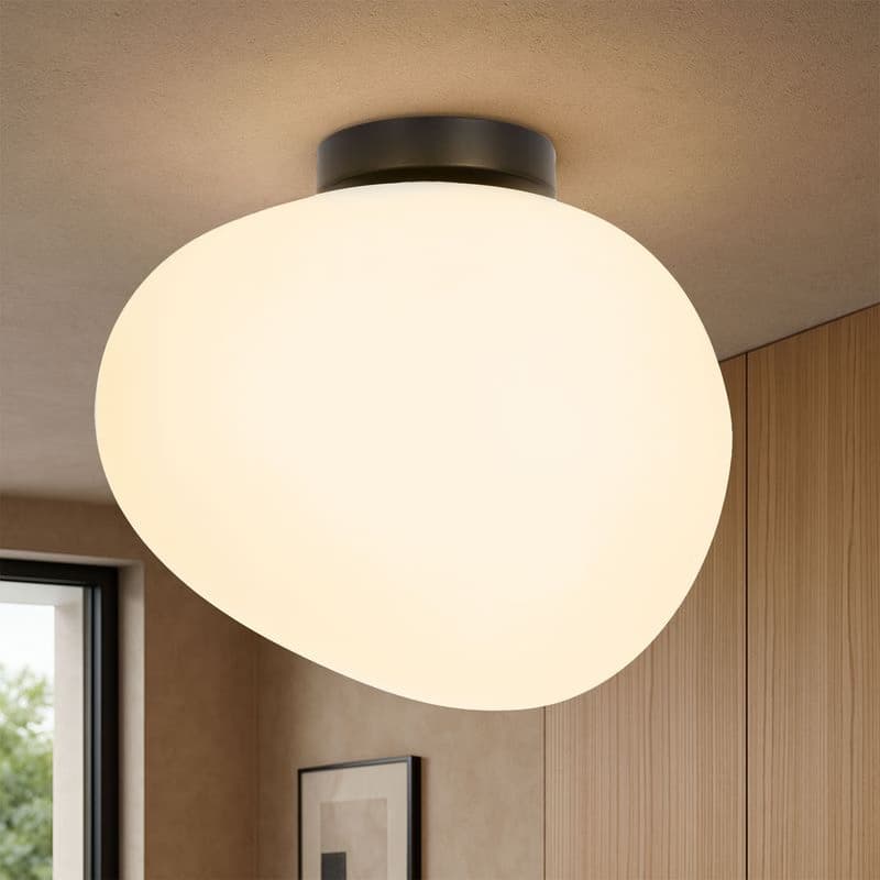 Stropná lampa STONES inšpirovaná kameňom - dizajnérska stropná lampa s 30 cm mliečnym tienidlom - osvetlenie obývačky a chodby E27