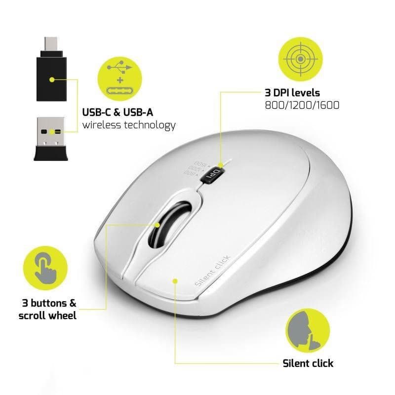 PORT bezdrôtová myš SILENT, USB-A/USB-C dongle, 2, 4Ghz, 1600DPI, biela 3
