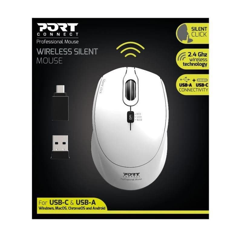 PORT bezdrôtová myš SILENT, USB-A/USB-C dongle, 2, 4Ghz, 1600DPI, biela 4