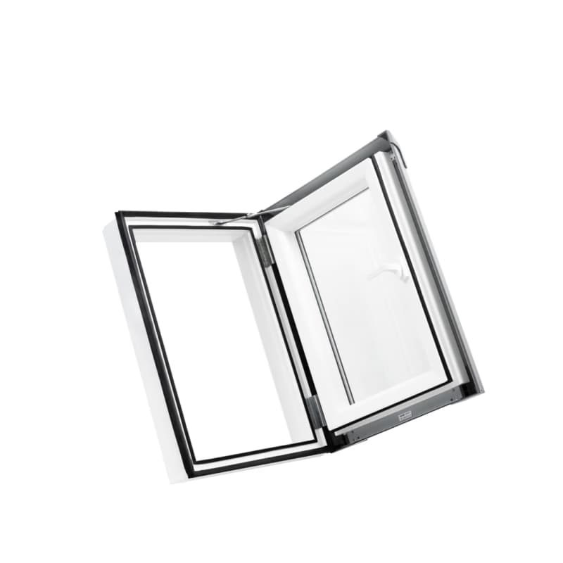 Plastový strešný výlez PREMIUM TERMO 550×780 "biela" - hnedé oplechovanie (8019), ľavé