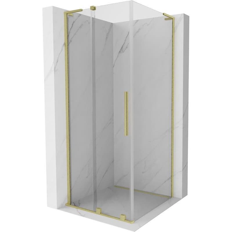 MEXEN/S - Velar L sprchovací kút, posuvné dvere 90 x 90, transparent, zlato kartáčovaná 871-090-090-03-55