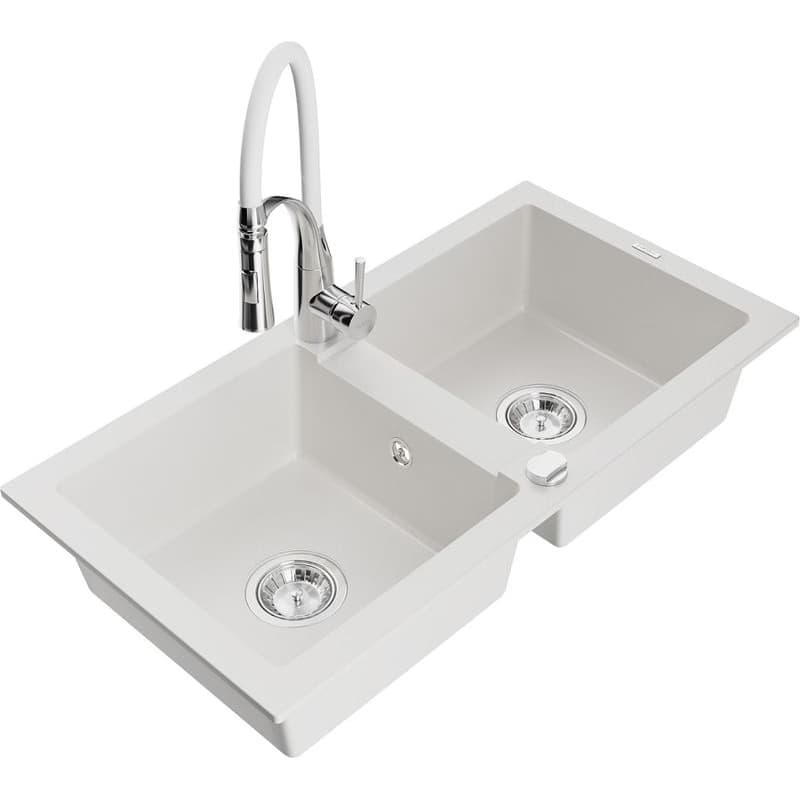 MEXEN/S MEXEN/S - Mario granitový drez 2-bowl vrátane batérie Aster, biela 6504-20-73450-02