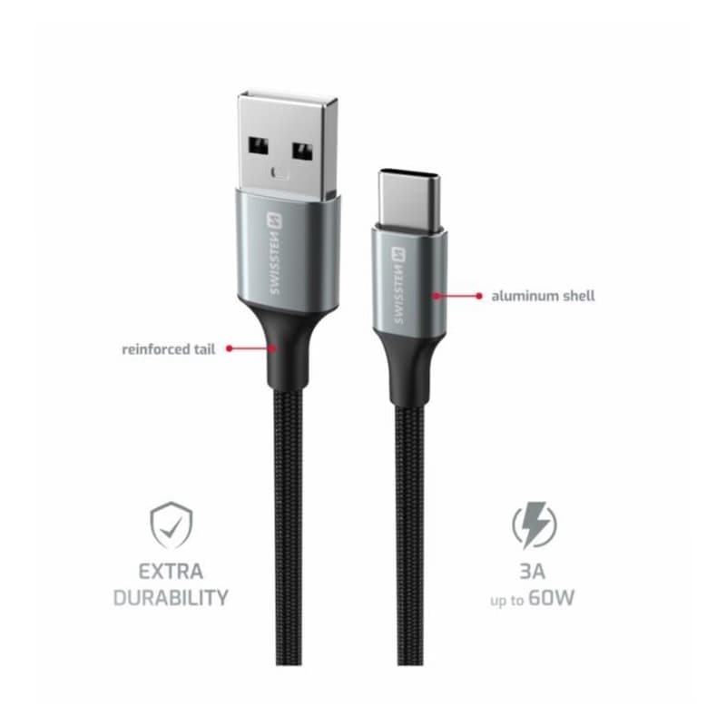 SWISSTEN DÁTOVÝ KÁBEL TEXTILE II USB / USB-C 1,5 M ČIERNY 2