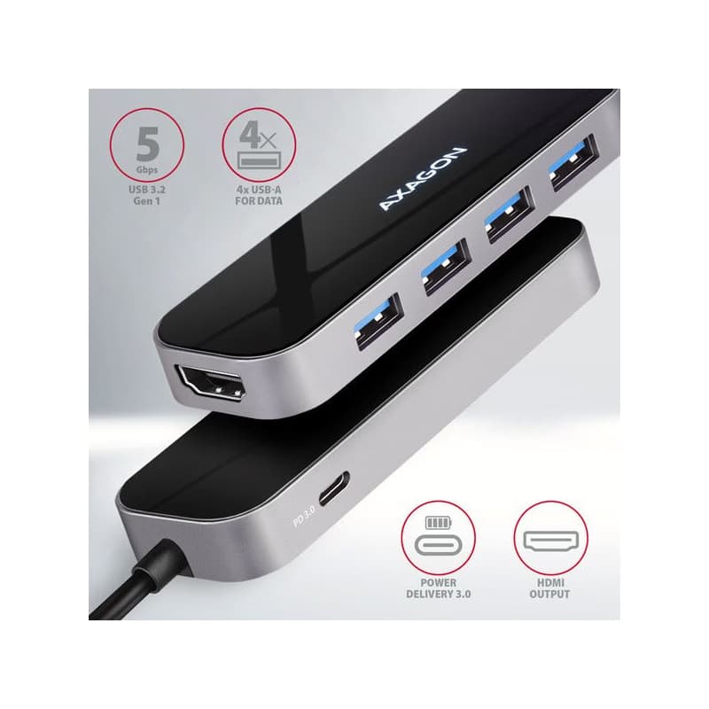 AXAGON HMC-6H4A, USB 3.2 Gen 1 húb, porty 4x USB-A, HDMI 4k/30Hz, PD 100W, kábel USB-C 20cm 2