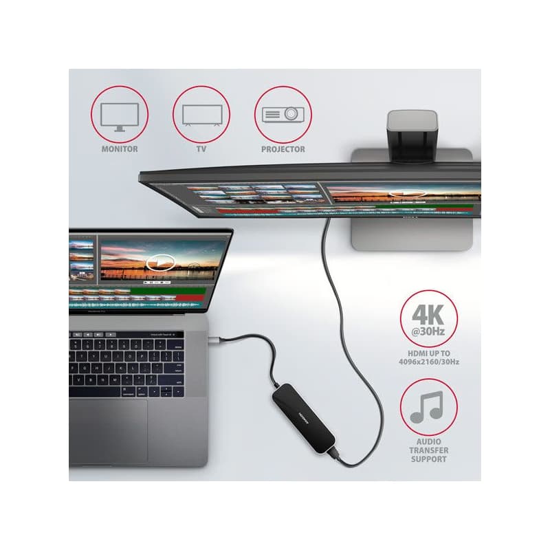 AXAGON HMC-6H4A, USB 3.2 Gen 1 húb, porty 4x USB-A, HDMI 4k/30Hz, PD 100W, kábel USB-C 20cm 3