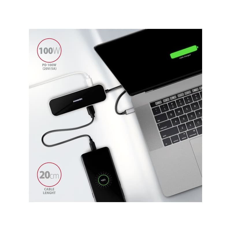 AXAGON HMC-6H4A, USB 3.2 Gen 1 húb, porty 4x USB-A, HDMI 4k/30Hz, PD 100W, kábel USB-C 20cm 4