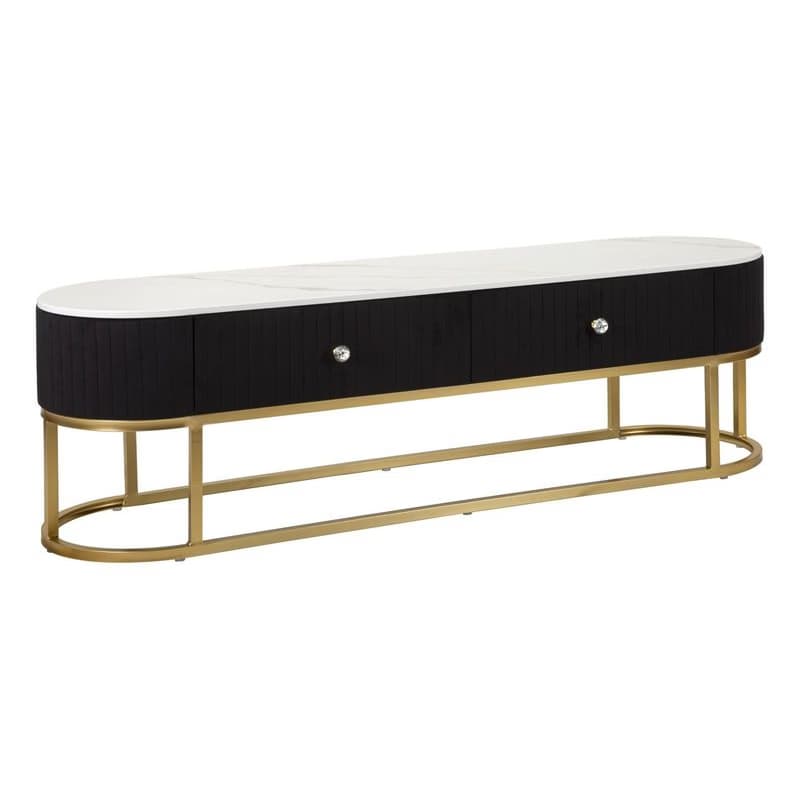 Estila Luxusný art deco čierny TV stolík Glamia Tapisé so zlatou konštrukciou s dvomi zásuvkami a doskou s mramorovým dizajnom 150 cm