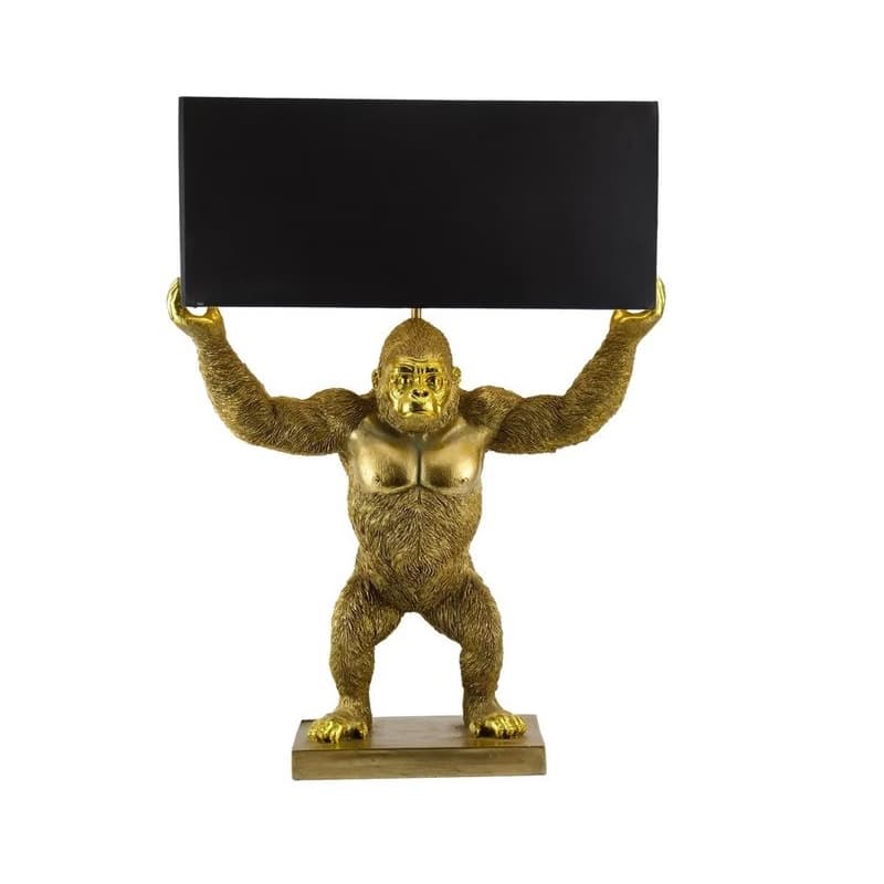 Estila Dizajnová glamour stolná lampa Tierra Glam so zlatou podstavou v tvare stojacej opice s čiernym obdĺžnikovým tienidlom 65 cm 1