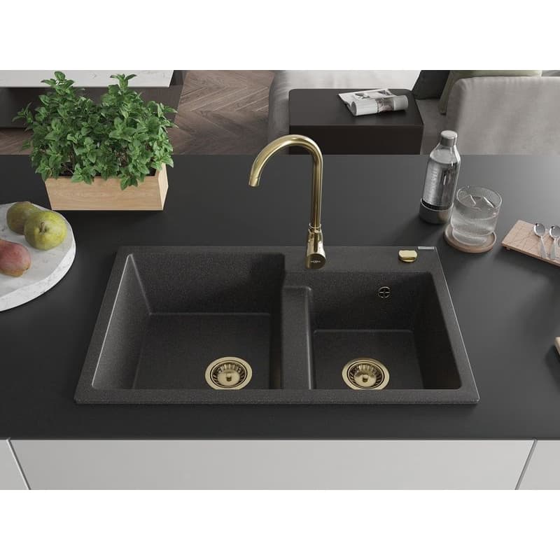 MEXEN/S MEXEN/S - Tomas granitový drez 2-bowl 800x500 mm, čierna kropenatá, + zlatý sifón 6516802000-76-G 3