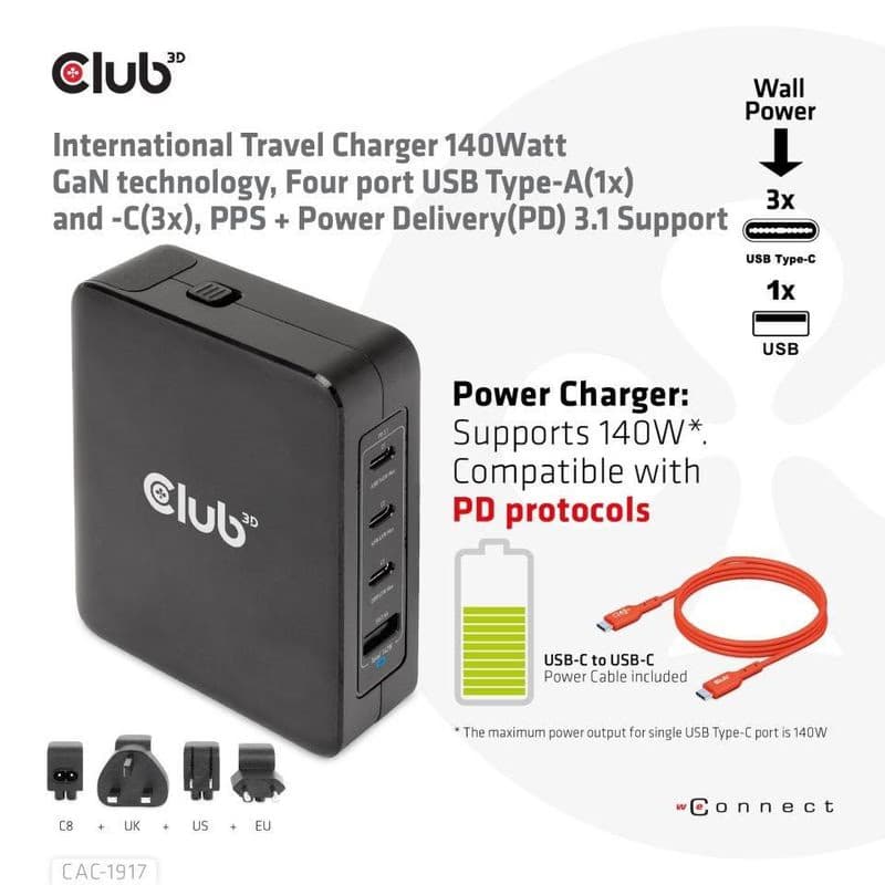 Club3D cestovná nabíjačka 140W GaN technológia, 3xUSB-C, 1xUSB-A, PPS + PD 3.1 Support 2