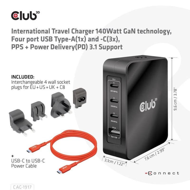 Club3D cestovná nabíjačka 140W GaN technológia, 3xUSB-C, 1xUSB-A, PPS + PD 3.1 Support 3