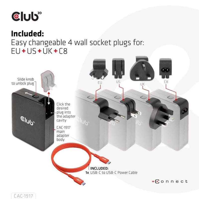 Club3D cestovná nabíjačka 140W GaN technológia, 3xUSB-C, 1xUSB-A, PPS + PD 3.1 Support 5