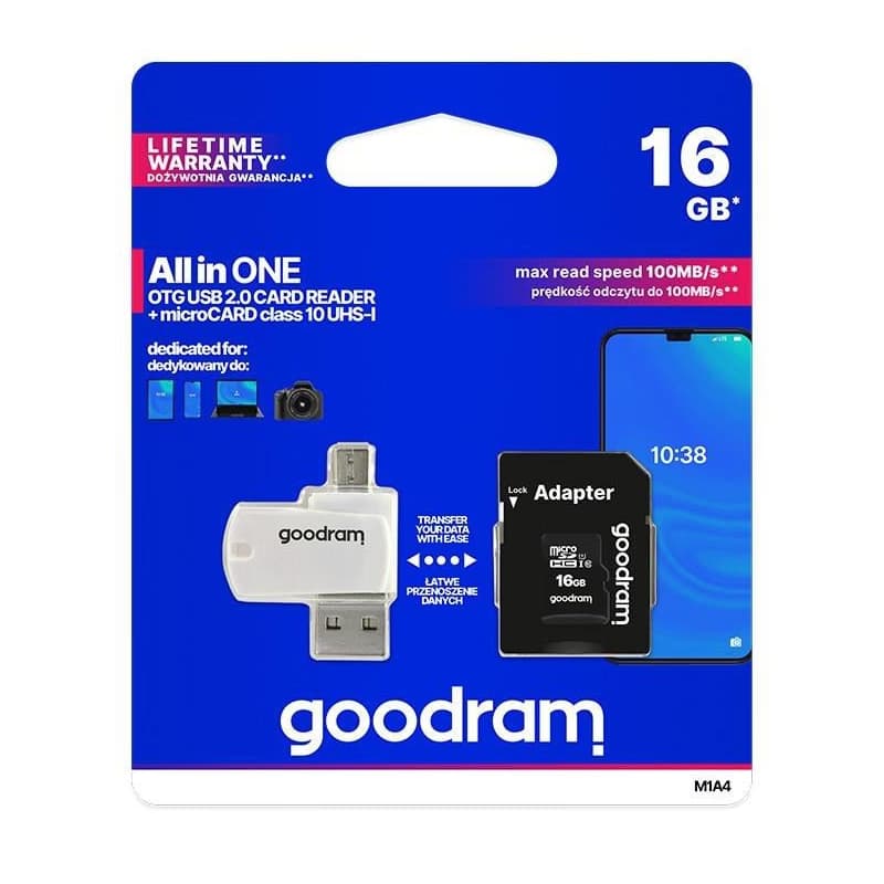 GOODRAM microSDHC karta 16GB M1A4 All-in-one (R:100/W:10 MB/s), UHS-I Class 10, U1 + Adapter + OTG card reader/čítačka 2
