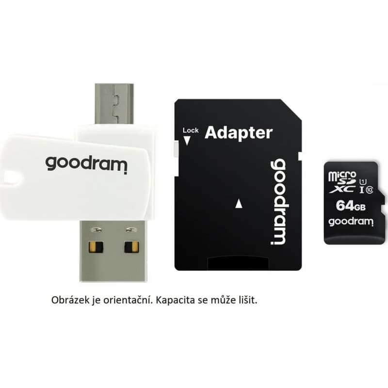 GOODRAM microSDHC karta 16GB M1A4 All-in-one (R:100/W:10 MB/s), UHS-I Class 10, U1 + Adapter + OTG card reader/čítačka 3